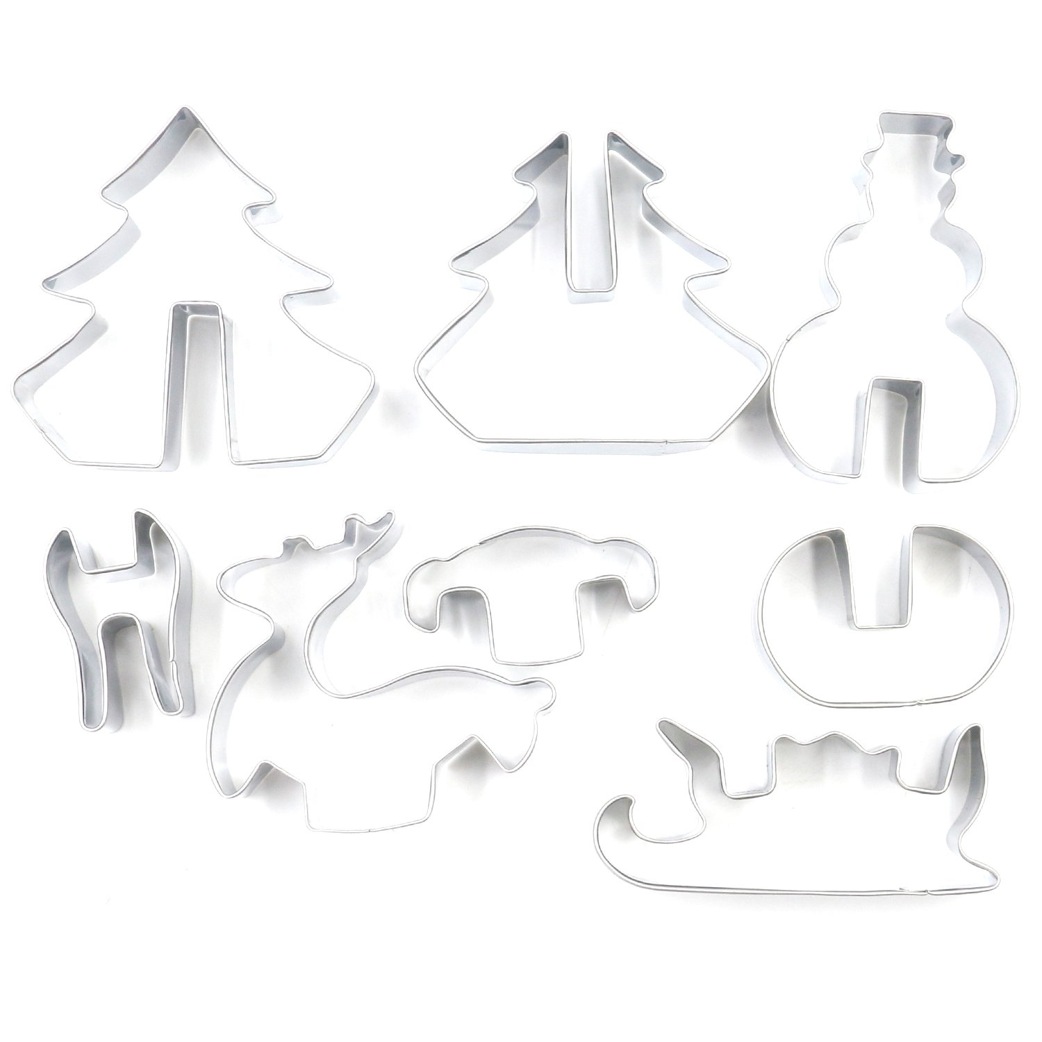 TRIXES 8-Pc Stainless Steel Christmas Cookie Cutter Set – 3D Tree, Snowman, Reindeer & Sleigh Shapes