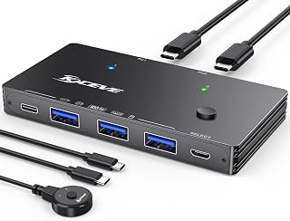USB 3.2 스위치 2 컴퓨터 공유 4 10Gbps USB 3.2 Gen 2 포트, PC 노트북 키보드 마우스 웹캠 휴대용 SSD용 MLEEDA USB 스위치 허브, USB 3.2 스위치, USB C 데이터 케이블 2개 및 유선 리모컨 포함
