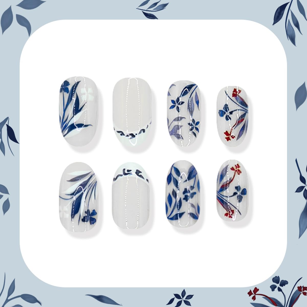 Short Oval Press on Nails - Blue Porcelain Flower & White French Tip, Elegant Full Cover Glossy Fake Nails 24PCS for Women
