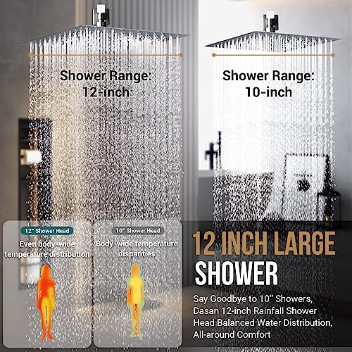 Sistema completo de ducha de pared DASAN con 6 chorros corporales, ducha lluvia de 12 pulgadas y ducha de mano, acabado cromado, modelo SA-SS03ACH-S12W miniatura 3
