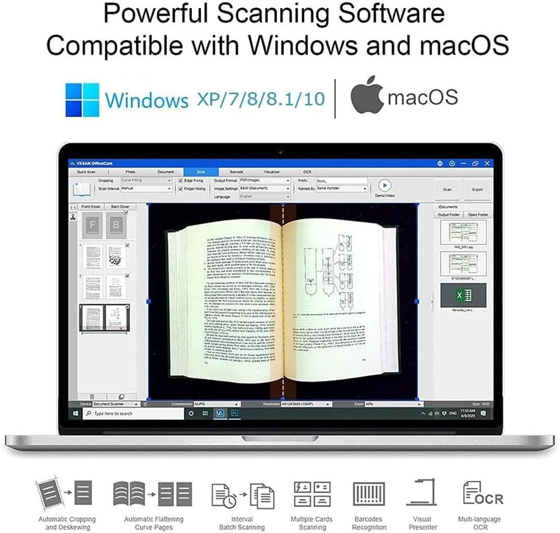 Escáner aéreo de Gran Formato A2 A3, escáner de Documentos de Libros de 23MP, aplanamiento automático y eliminación de Huellas Dactilares, Compatible con Windows/Mac