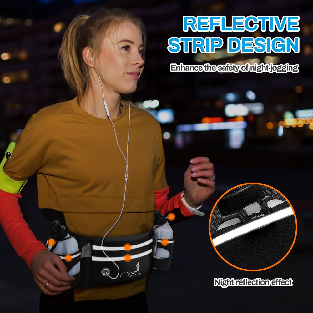 Marsupio Sportivo Running con borraccia (2 x 300 ML), Cinture di idratazione Marsupio Running Impermeabile con Cintura Regolabile e Foro per Auricolari per Maratona Corsa Escursionismo (Nero)