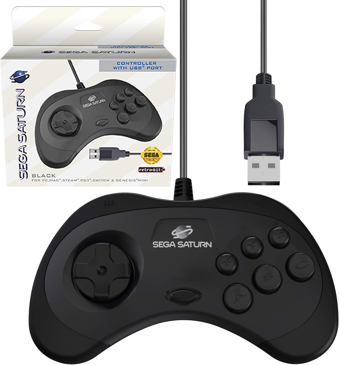 Official Sega Saturn USB Controller Pad (Model 2) for Sega Genesis Mini, PS3, PC, Mac, Steam, Switch - USB Port (Black)
