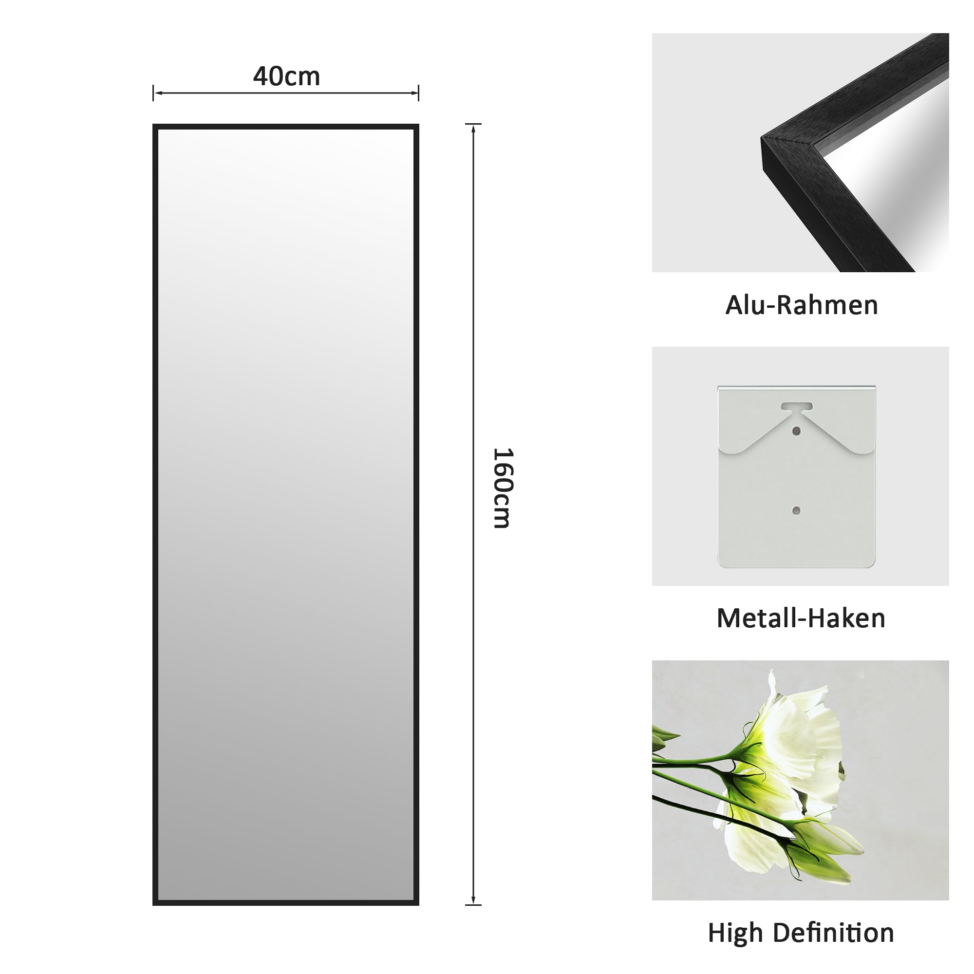 160 x 40 cm minimalistische Rahmen Standspiegel Ganzkörperspiegel, Schwarz Metallrahmen Rechteck Wandspiegel Stehspiegel Standspiegel für Schlafzimmer, Wohnzimmer, Flur und Garderobe
