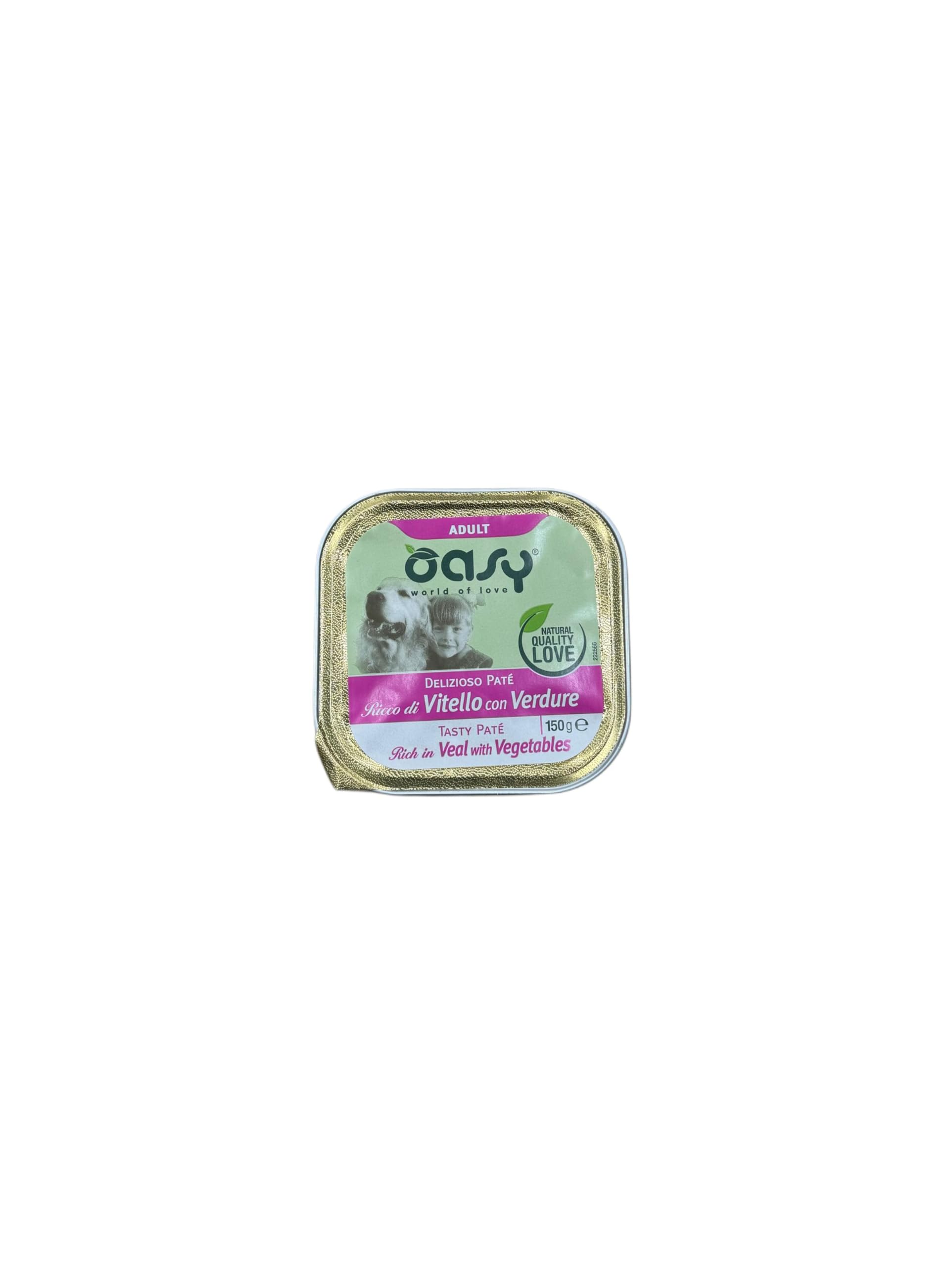 Oasy delizioso patè per cani adulti di tutte le taglie, gusto VITELLO e VERDURE | 11 vaschette da 150 grammi l'una.