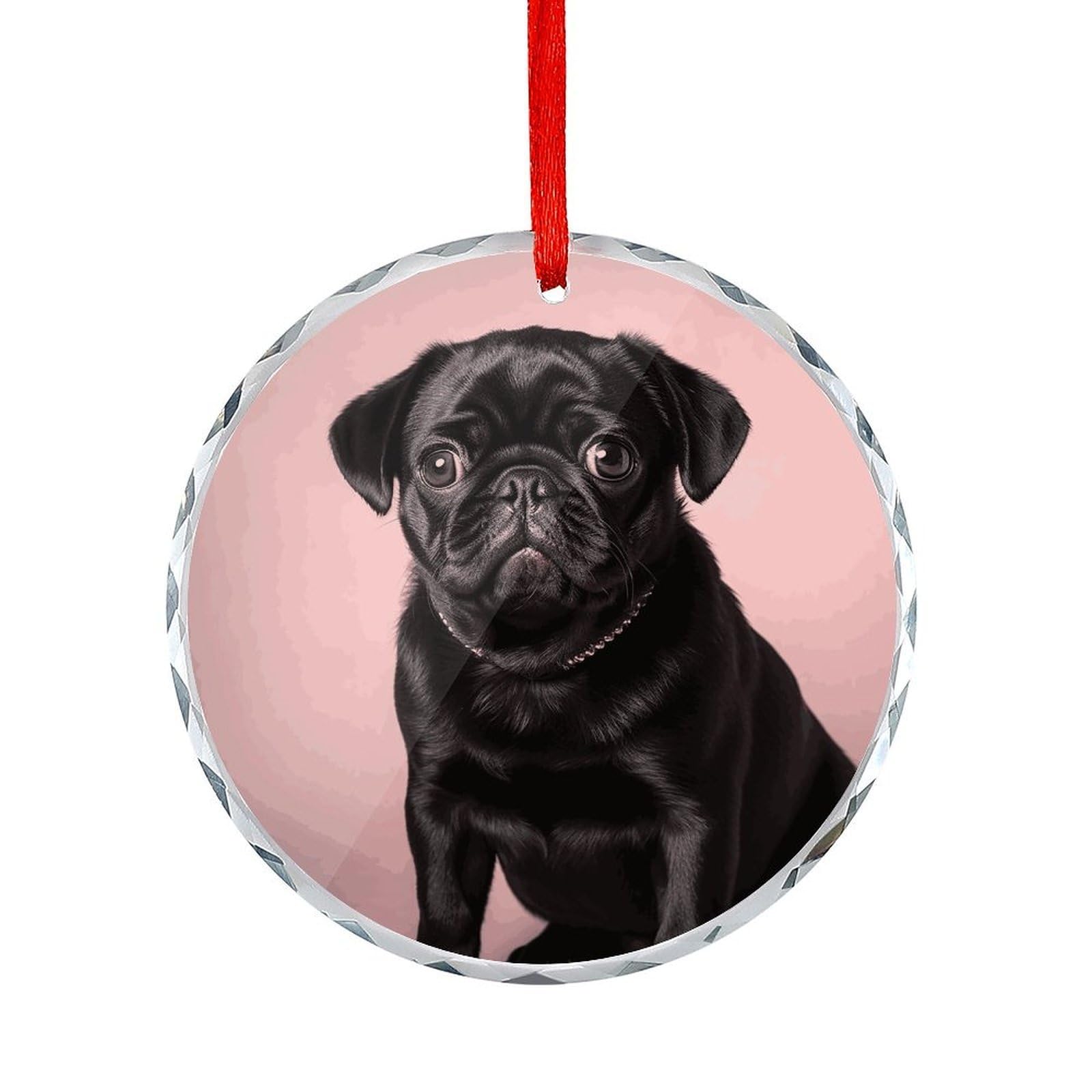 Btcowzrv Style Cute Black Pug Round Ornament Hanging Pendant Decor
