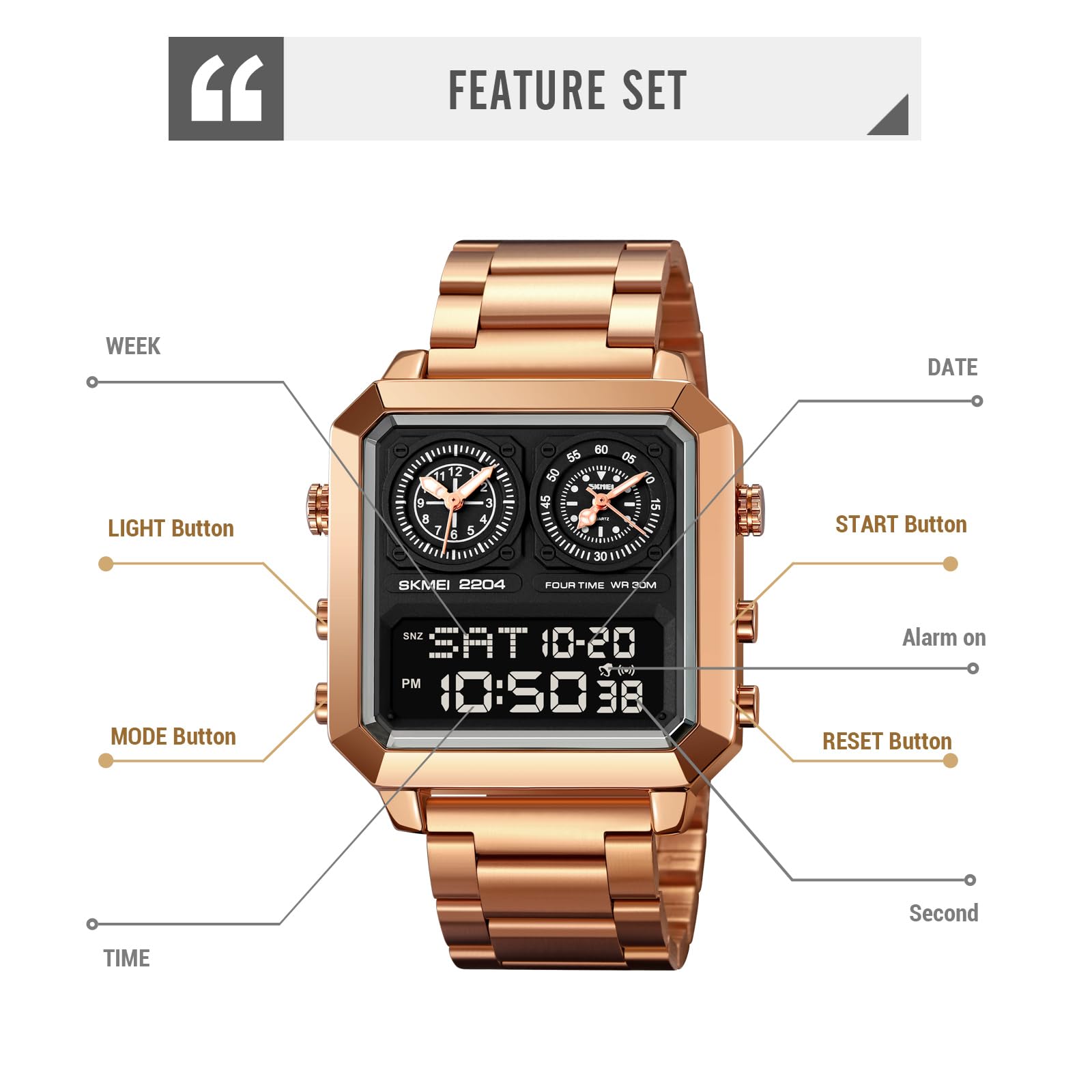 Orologio da uomo multifunzione, digitale, analogico, alla moda, casual, con luce EL, quadrante quadrato, doppio timer, conto alla rovescia, impermeabile, cinturino in acciaio inox color oro rosa