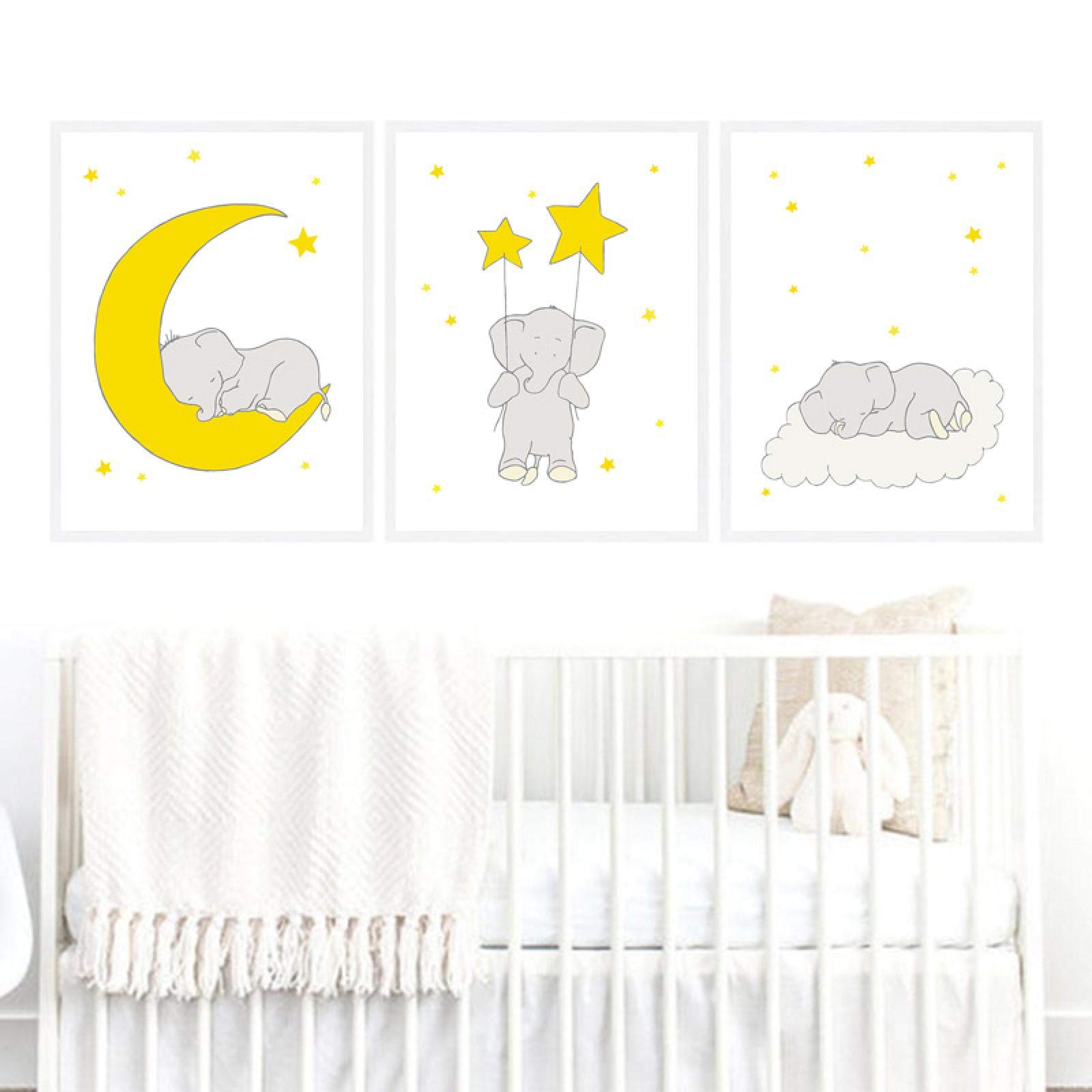 Amarillo bebé elefante luna estrella nube arte de pared lienzo pintura carteles nórdicos e impresiones cuadros de pared para decoración de habitación de niños 40x50cm (16x20in) x3 sin marco