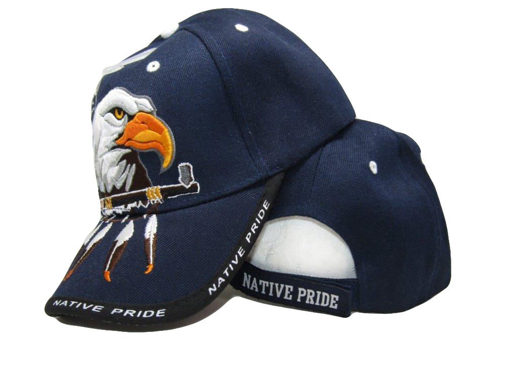 AESNative Pride American Indian Eagle Pipe Shadow Dk Blue Embroidered Cap Hat Adjustable