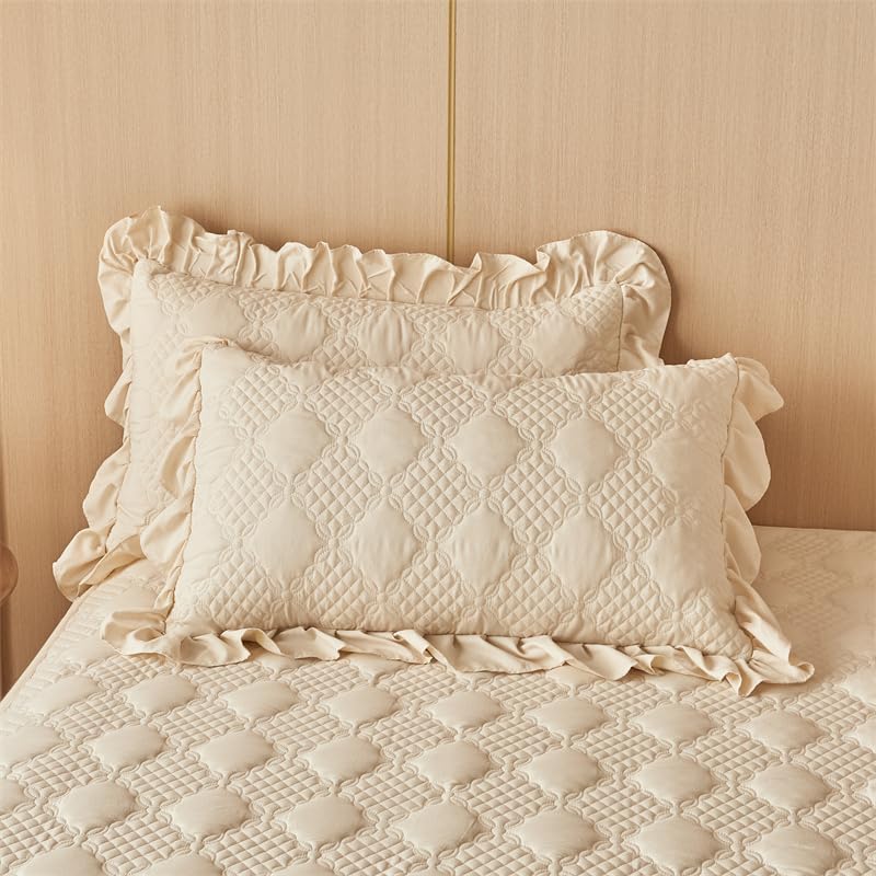 Plaid Quilted California King Size Ruffled Bedspread Set Washable Cotton Bed Coverlet and 2 Pillowcases, Champagne