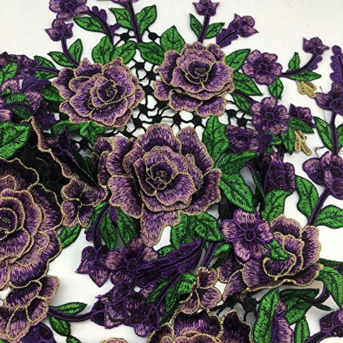 1 Set/Large Embroidered Peony Flowers Lace Patch Applique Three-Dimensional Garment Fabric Diy Accessories Sew (Violet) #TOP1