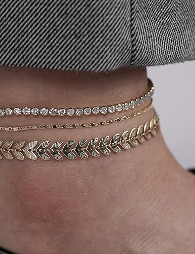 Miniatura 3 de WeSparking - Tobilleras chapada en oro de 14 quilates para mujer, plata tenis, cuarzo rosa, cuentas cruzadas, cadena de clip de serpiente, circonita