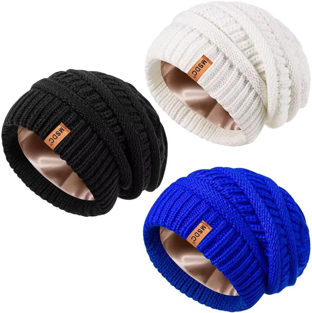 3 Pack Satin Lined Beanie for Women, Warm Slouchy Winter Hats with Silk Lined, Fashionable Oversized Cable Knit Hat Skull Cap