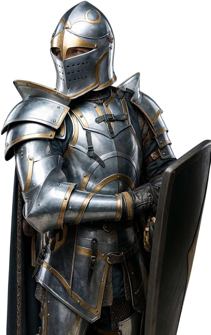 ARTIZANSTORE Medieval Knight Full Armor Suit | Handmade Steel LARP Armor with Helmet, Pauldrons Greaves | Medieval Costume Halloween or cosplay costume