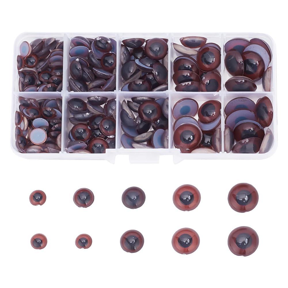 GOMAKERER 240 Pcs 5 Sizes Round Craft Eyes, Brown Plastic Craft Eyes Cabochon Eyes Half Round False Eyes Animals Eyes Cartoon Eyes for Teddy Bear DIY Craft Making 8mm 10mm 12mm 14mm 16mm
