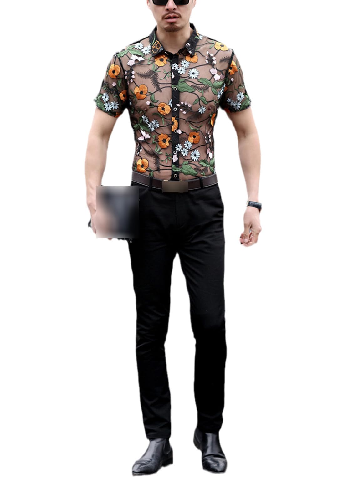 Yeuyyben Men's Picture Embroidery See Through Shirt Flower Lace Shirt Mesh Transparent Shirt Summer Short Sleeve Shirt