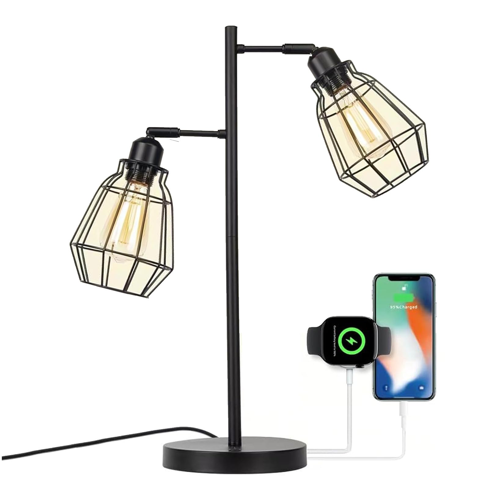 JCPYIUL Lámpara de Mesa con 2 Puertos de Carga USB Lámpara de Mesa de Metal Negro Lámpara de Cabecera Industrial Lámparas de Trabajo Retro Rústicas Modernas