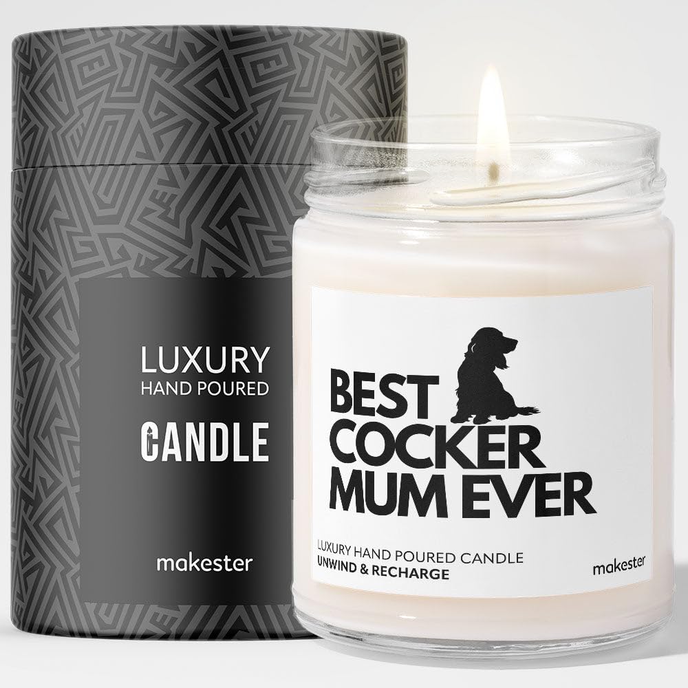 Cocker Spaniel Gifts for Women - Luxury Soy Wax Candle - Vanilla, Jasmine, Sugared Almond - Makester, White
