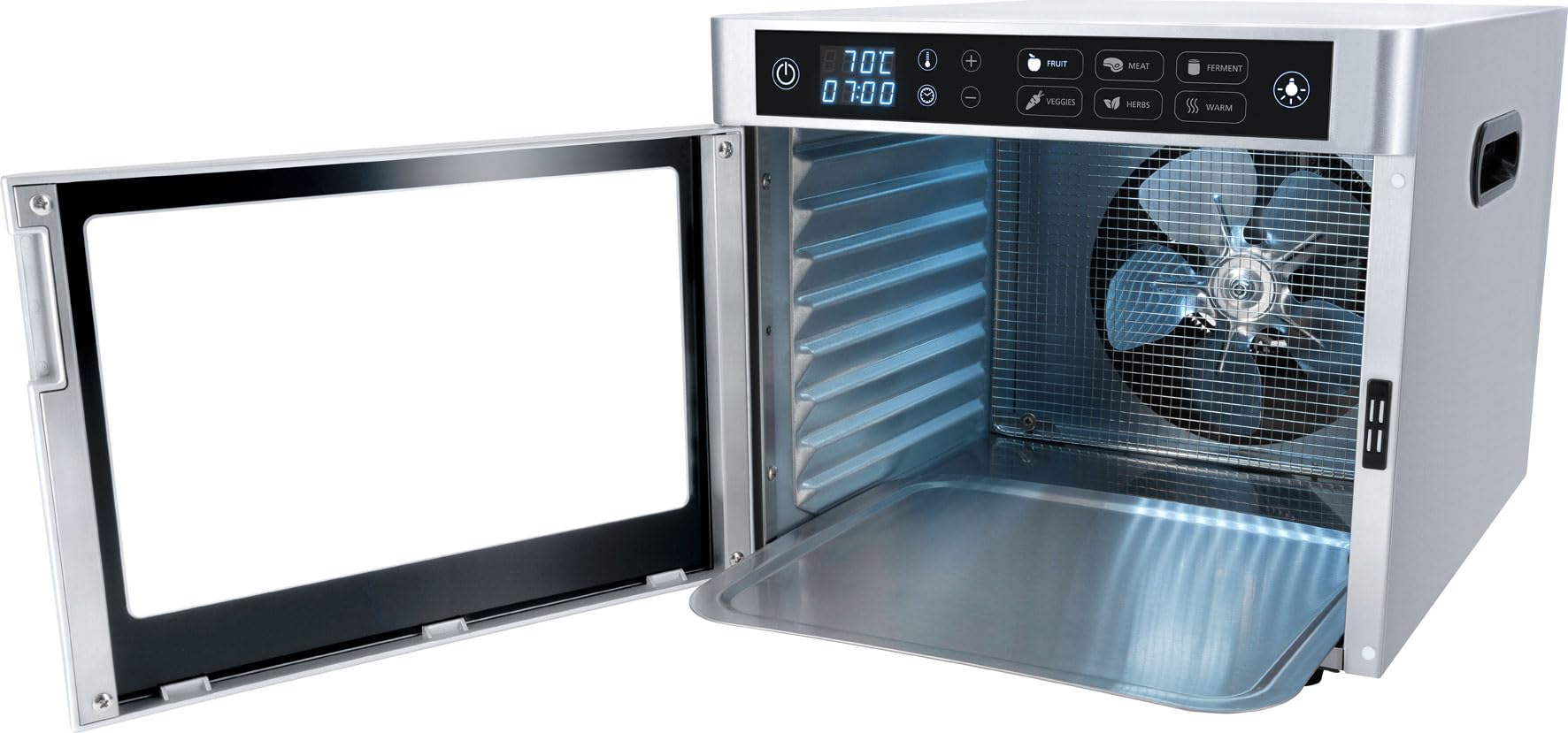 Steba ED 80 Steel Deluxe Dörrautomat | LED-Display, Langlebiger Motor, 8 Edelstahl-Gitter, Innenraumbeleuchtung, Elektronische Zeitsteuerung und Temperaturregelung