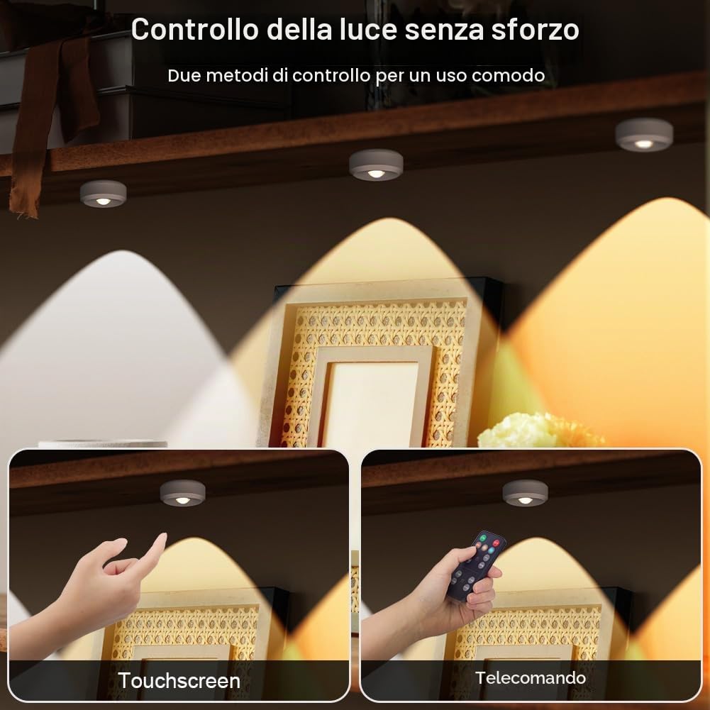 Illuminazione a LED senza fili, 3 Pezzi Luce LED Vetrina Ricaricabile USB, 1500mAh Luci a Batteria per Armadio con Touch e Telecomando, Funzione Temporizzazione, per Guardaroba Libreria, Bianco