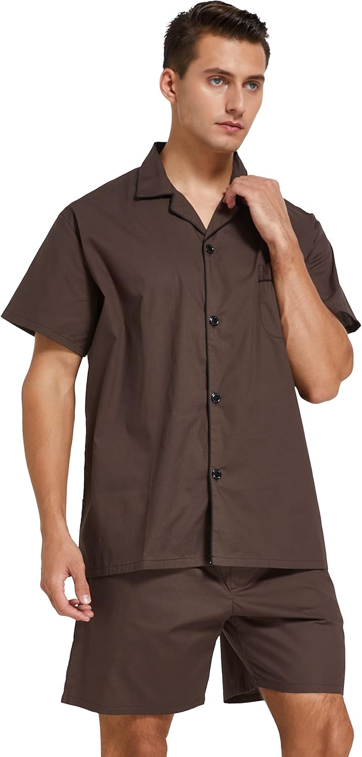 Mens Cotton Pajamas Short Sleeve Pajama Set Woven Sleepwear Loungewear Nightwear - Image 3