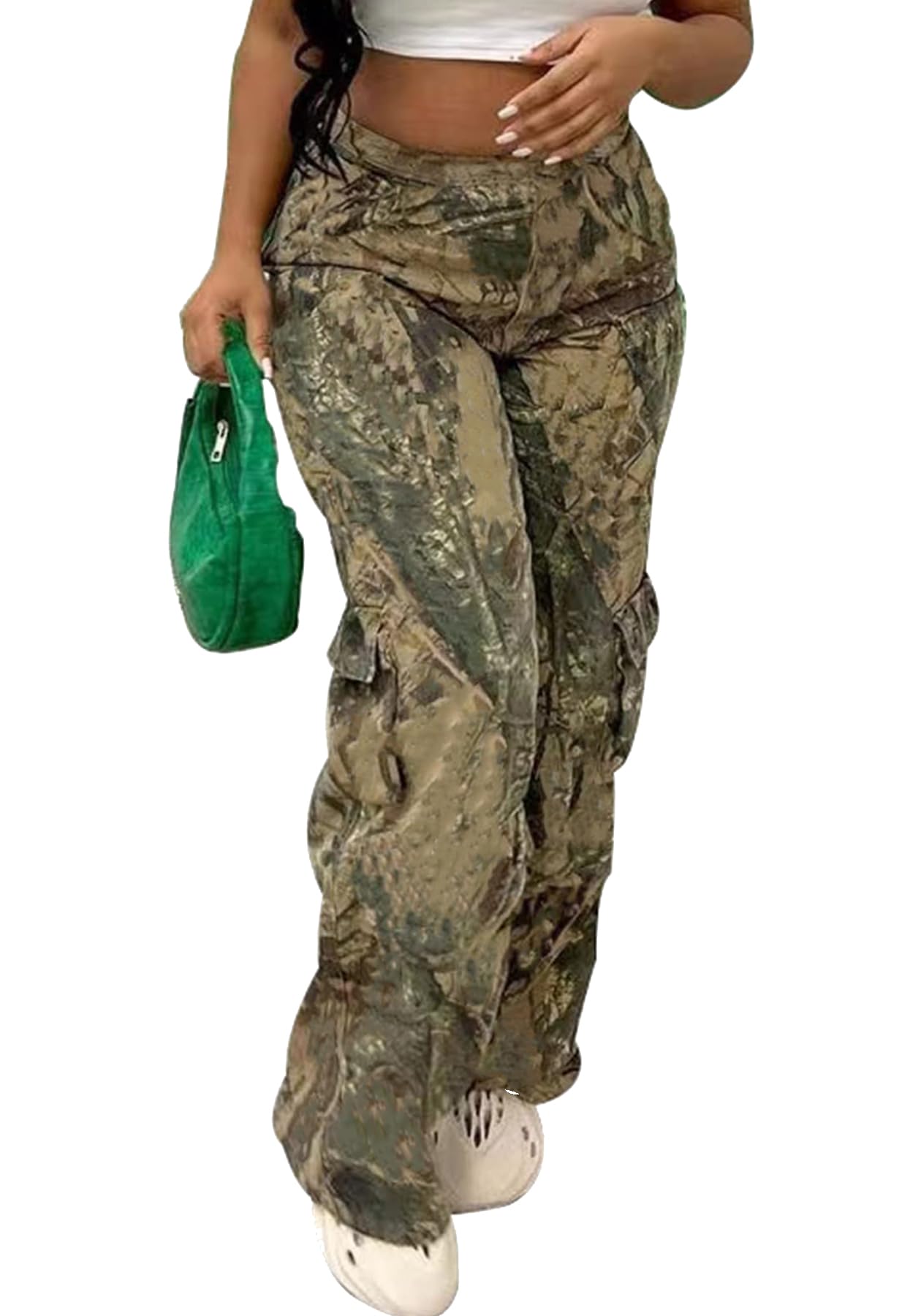 Famnbro Camo Pants Women Mid Waist Straight Leg Baggy Camouflage Cargo Pants Streetwear Trousers