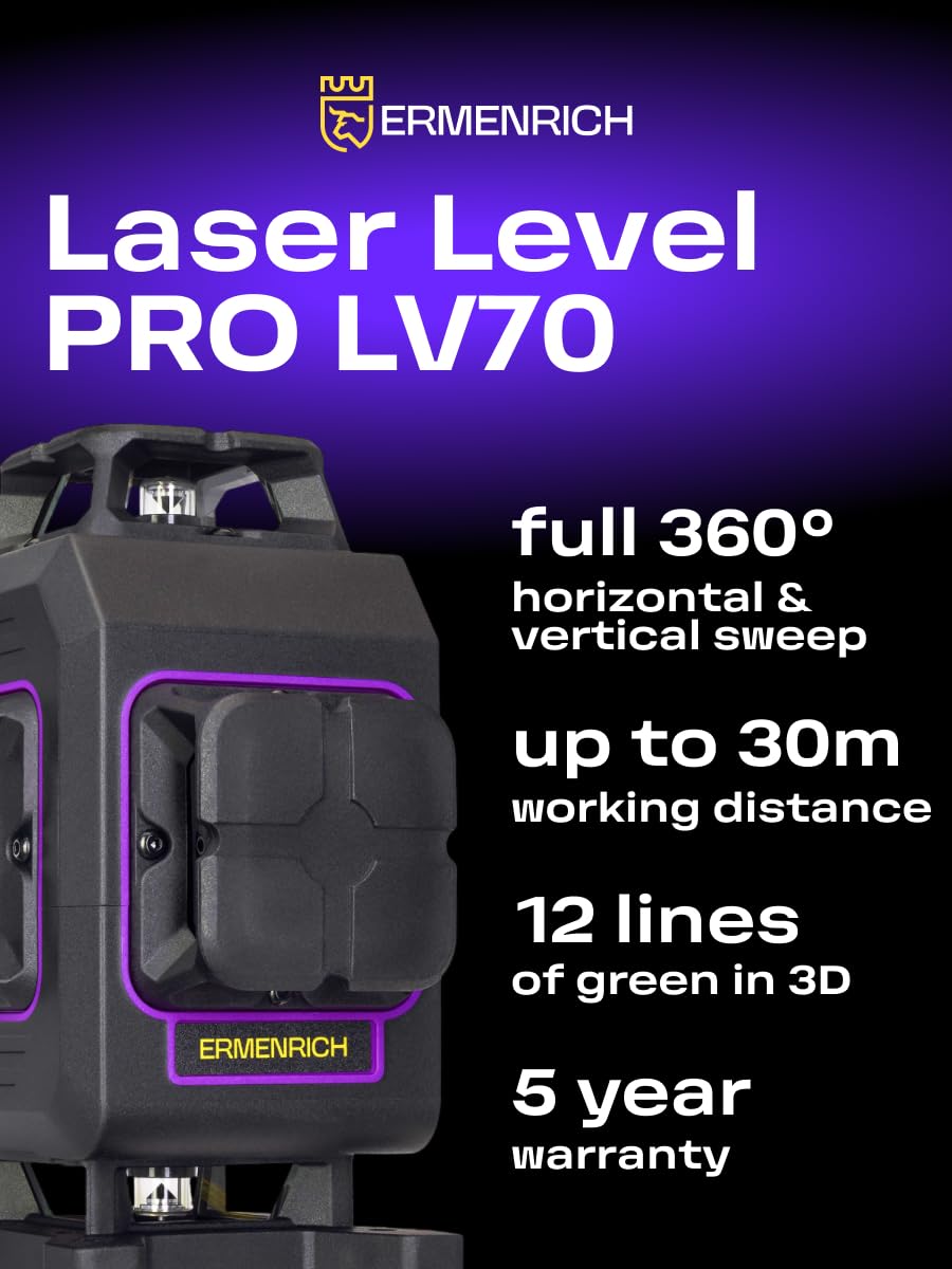 PRO LV70 Samopoziomujący Poziomica Laserowa Tryb Impulsowy 30 m 4D 16 Linii 360° IP54 Pilot Zdalnego Sterowania Mikropodnośnik Podstawa Statyw Uchwyt 2 Akumulatory Li Ion Typ C W Zestawie