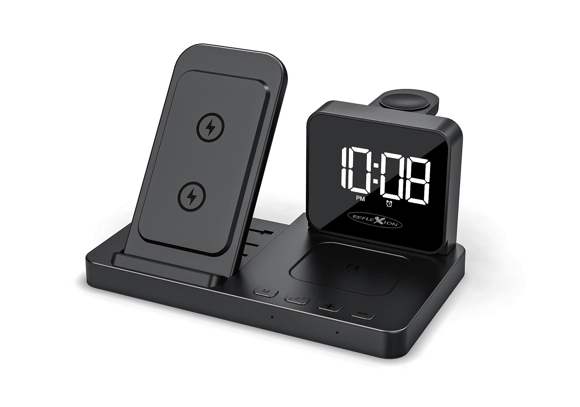 Reflexion Caricabatterie wireless 4 in 1 con orologio e sveglia, stazione di ricarica wireless per smartphone, Apple Watch e cuffie, ricarica rapida da 15 W, doppia funzione sveglia, connessione USB-C