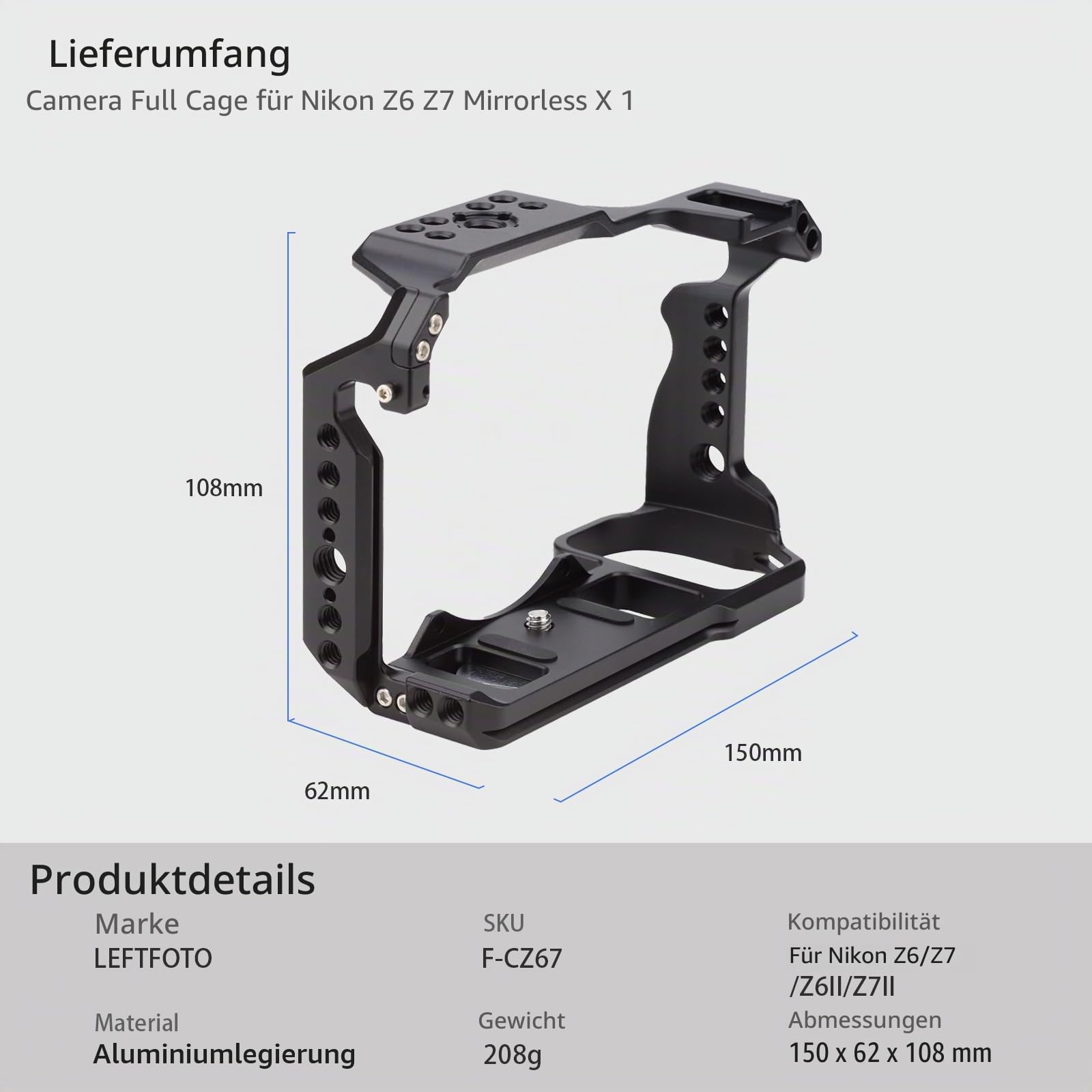 Leftfoto Kamera-Vollkäfig, für Nikon Z6II Z6 Z7II Z7, spiegellos, Verlängerungshalterung, Mikrofonfülllicht, Filmzubehör, mit kaltem Schuh