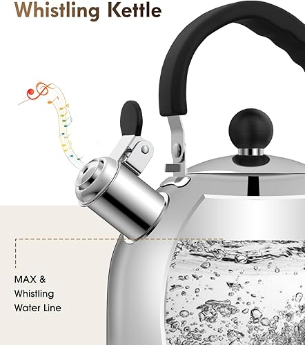 Miniatura 3 de Tetera para estufa, tetera de acero inoxidable, hervidor de campamento de 2 cuartos de galón, calefacción eficiente, silbato audible, mango seguro,