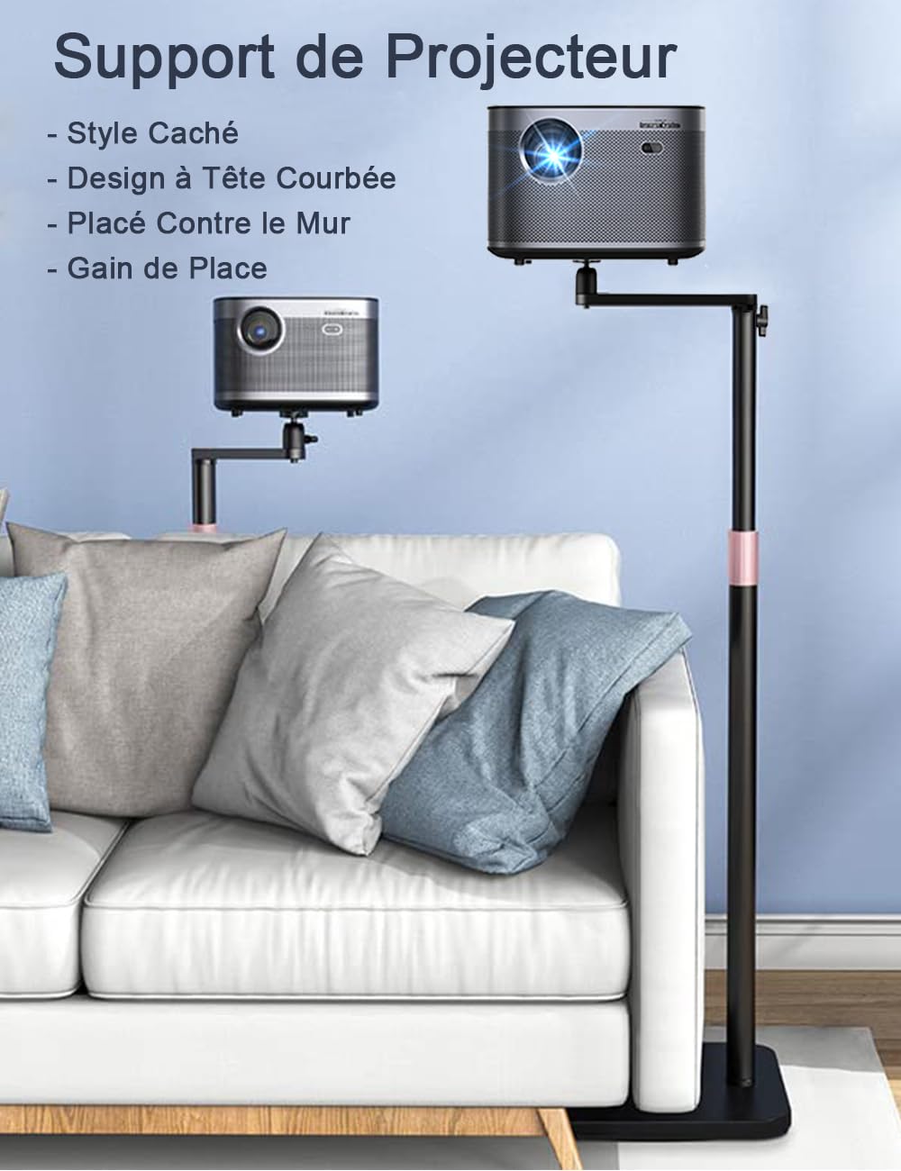 Support de Projecteur en Métal 360° Pivotant et Hauteur Réglable Base en L Discrète Compatible avec XGIMI Nebula VANKYO Jinhoo AuKing