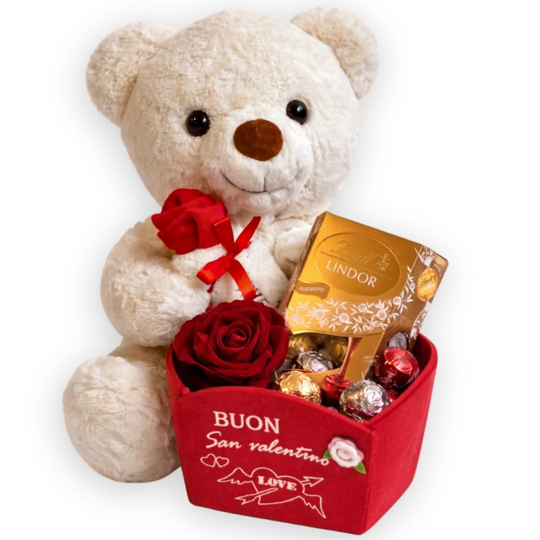 Orsetto Love 35 cm con Cestino in Feltro 14cm + 200G di Cioccolatini Assortiti + 1 Rosa Eterna - Regalo San Valentino - Regalo Fidanzata/Fidanzato (ORSETTO)