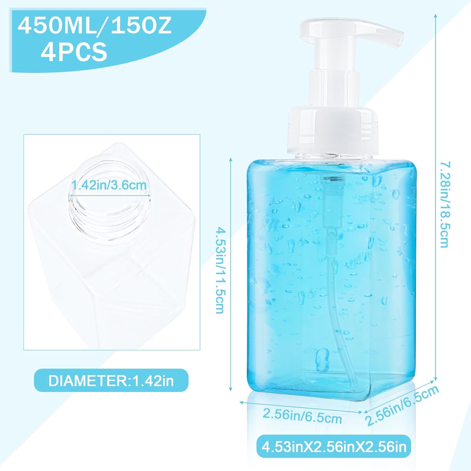 Foaming Soap Dispenser 15oz/450ml Clear Empty Foam Soap Dispensers, Square Refillable Plastic Foaming Hand Soap Dispenser Soap Pump for Liquid Soap, Shampoo, Body Wash(4 Pack) - Image 2