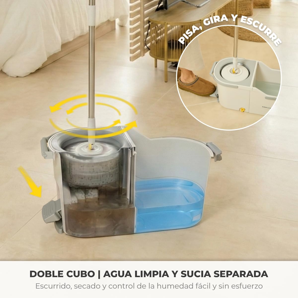 NEWLUX - Fregona autoescurrible Turbo Dual V160 con Mango telescópico 73,5-133,5cm. Juego de Cubo fregona con Pedal, Doble depósito Agua Limpia y Sucia, Cabezal 360º, Incluye 3 mopas Microfibra