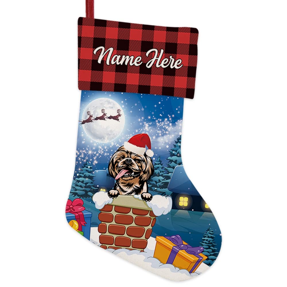 BAGEYOU 1 Pack Custom Name Christmas Stocking with Funny Dog Shih Tzu in the Chimney Santa Gifts Pack for Xmas Party Holiday Decoration Christmas Tree Fireplace Hanging 14.4"