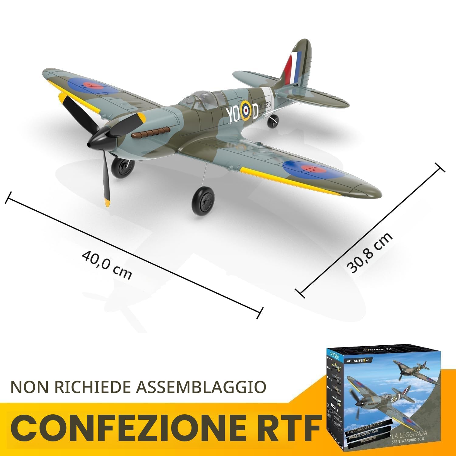volantexrc Aereo RC, Caccia Spitfire V2 Telecomandato 4 Canali RTF con Alettoni, Gyro, Funzioni Acrobatiche e 3 Modalità, Facile da Pilotare, Aeromobile Radiocomandato