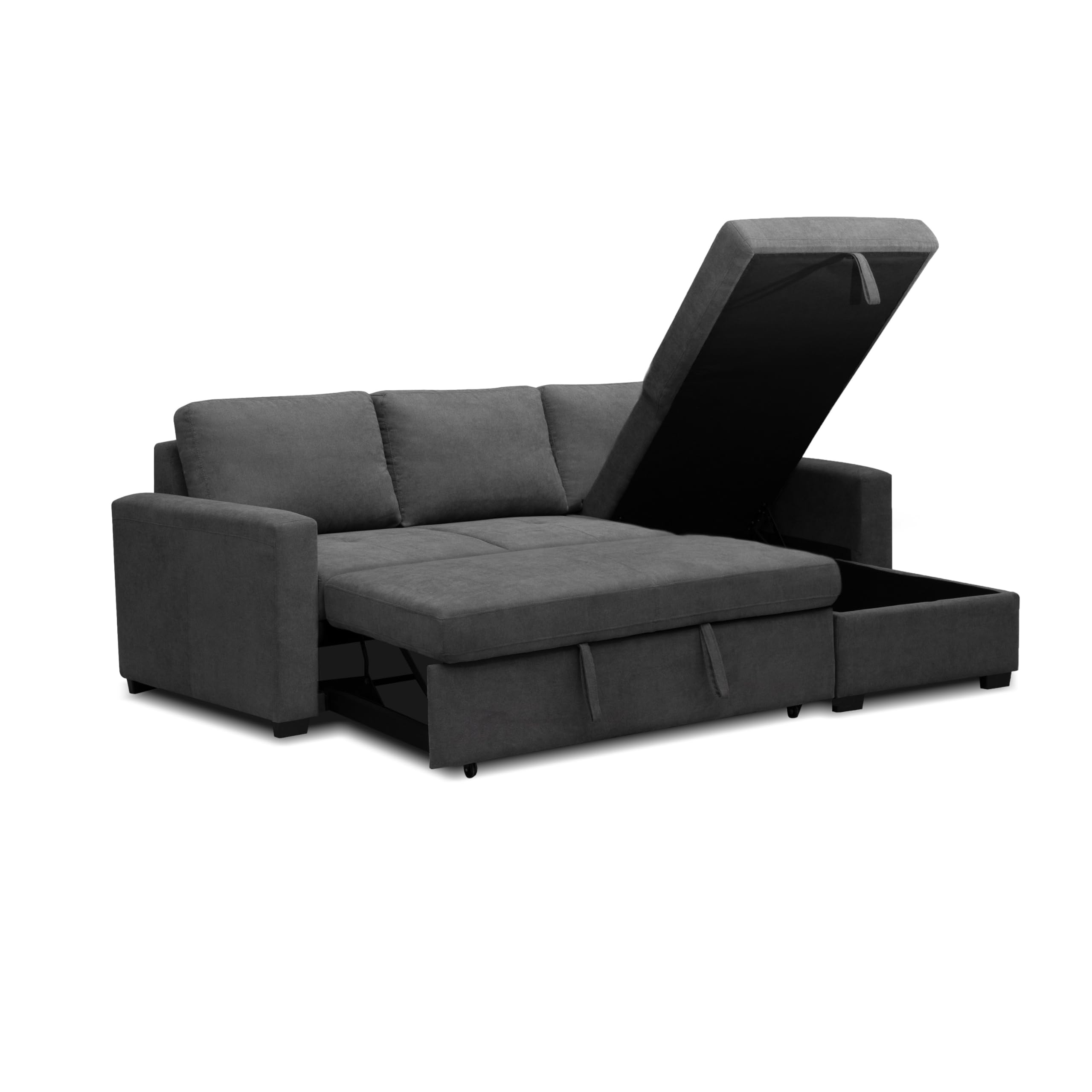 duehome | Sofá Cama 3 Plazas Reversible y con Almacenaje, Sofa con Chaiselong, Modelo Saira, Acabado en Tejido Gris, Medidas: 229 cm (Largo) x 93 cm (Alto) x 93-153 cm (Fondo)