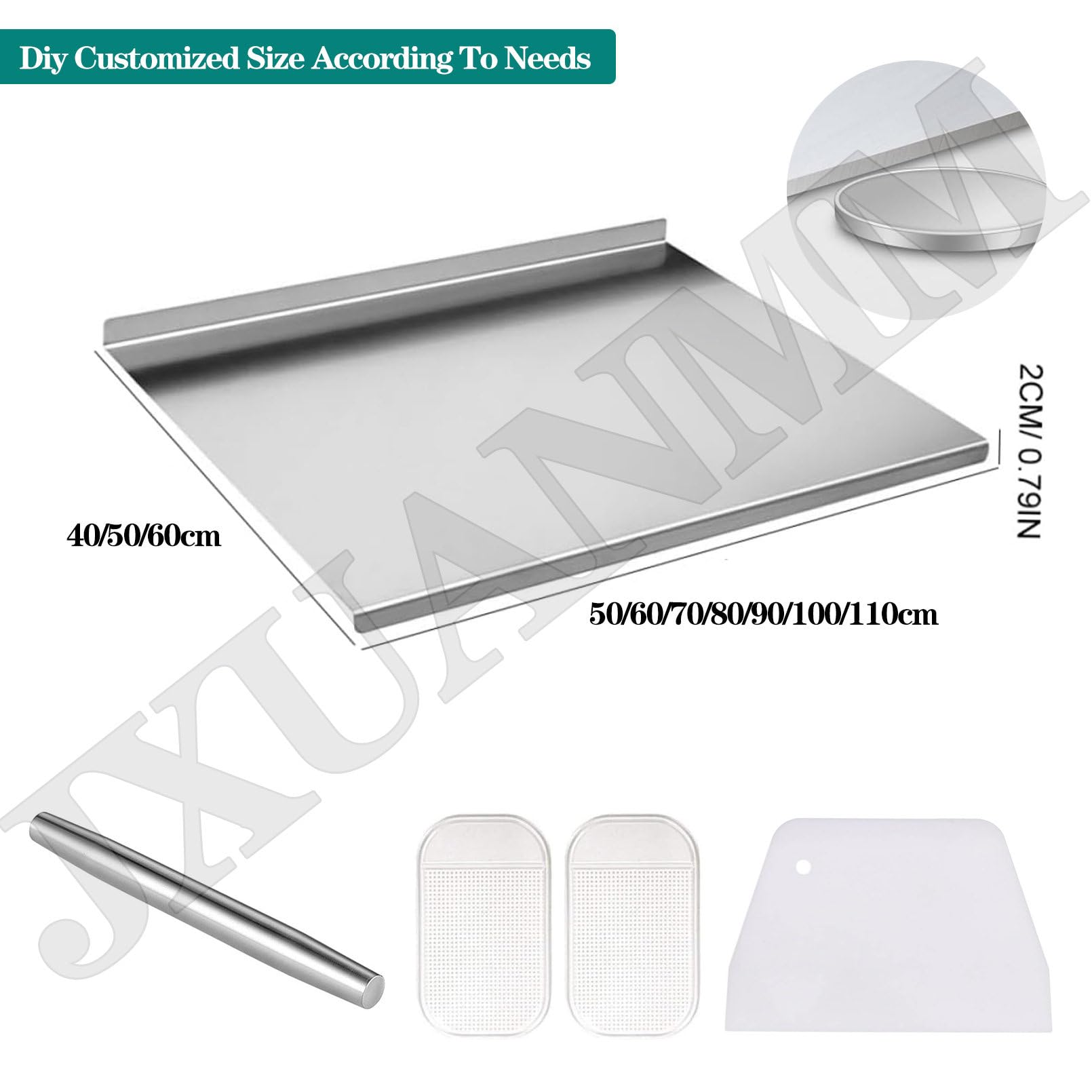Tabla de Cortar de Acero Inoxidable con Labio, con Rodillo, 50x60cm/19.7" Lx23.6 W
