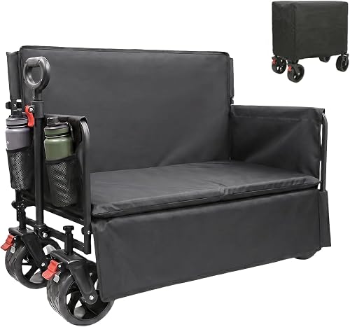 SANYCASA キャリーワゴン ベンチカート 耐荷重210KG アウトドアワゴン 大容量200L 座れるキャリーカート 折り畳み キャンプ カート 10cm大きいタイヤ ブレーキ付き コンパクト ワンタッチ収納 こども乗せれる ベビーカー代わり 多地形対応 子供とのお出かけ BBQ 荷物運び 運動会 買い物 釣り イベント 背クッション付