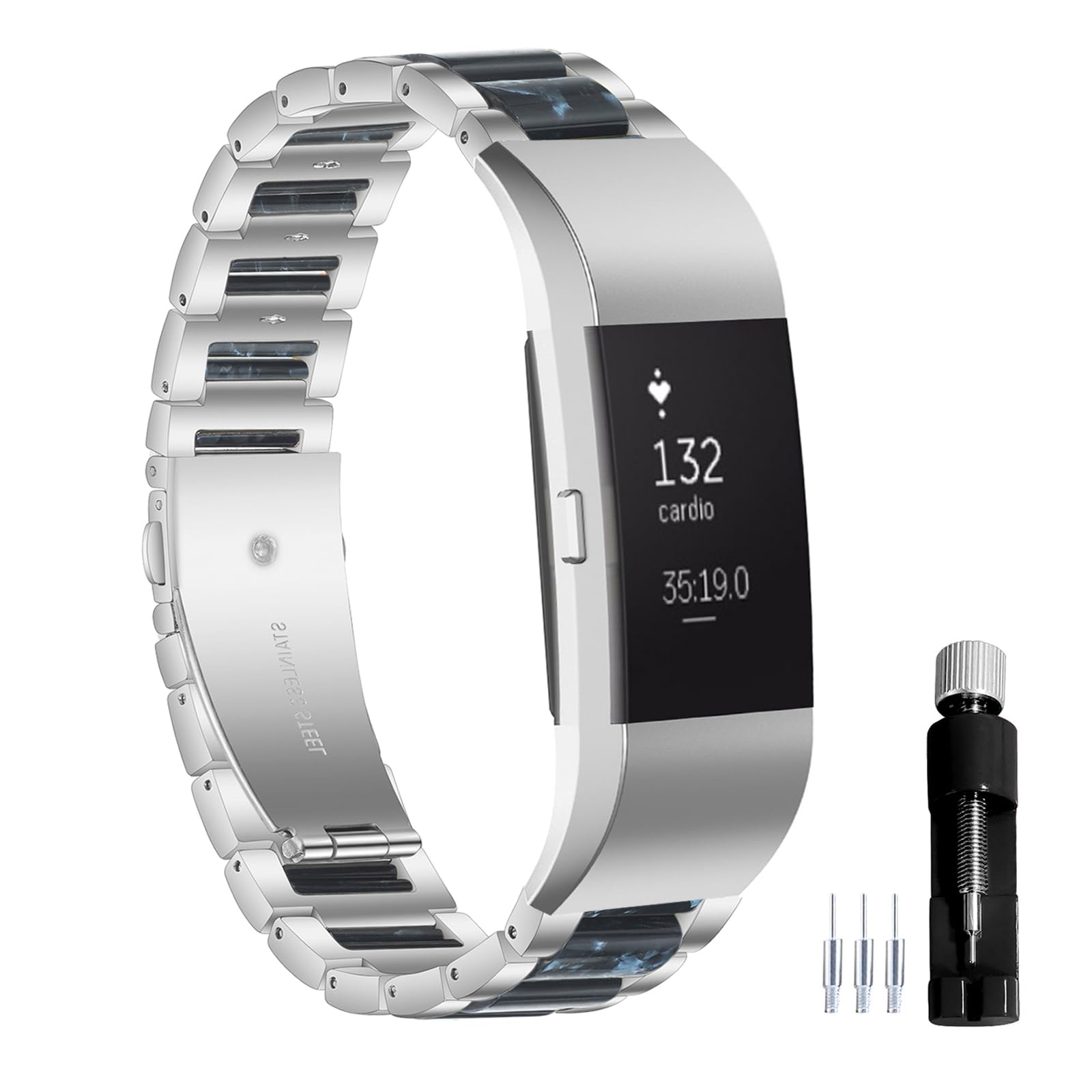 Gheper Resin Stainless Steel Watchband Compatible with Fitbit Charge 2/Charge 2HR Smartwatch Wristband Replacement Metal Strap for Women Men