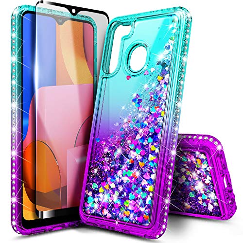 E-Began Case Compatible for Samsung Galaxy A21 with Tempered Glass Screen Protector, Glitter Flowing Liquid Floating Quicksand Sparkling Bling Diamond, Girls Kids Women Cute Case Cover -Aqua/Purple