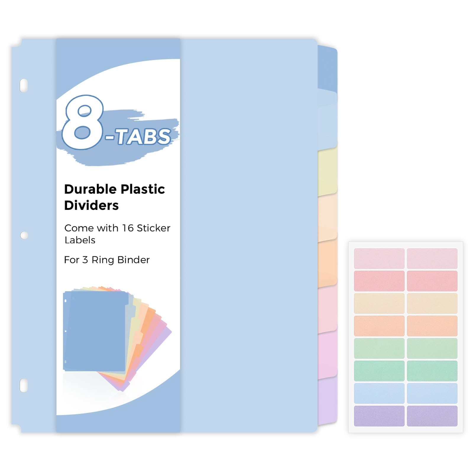 SKYDUE Durable Plastic 8-Tab Dividers, Big Tab Dividers for 3 Ring Binder, Write & Erase 3 Ring Binder Dividers with Tabs, with Sticker Labels, 1 Set,