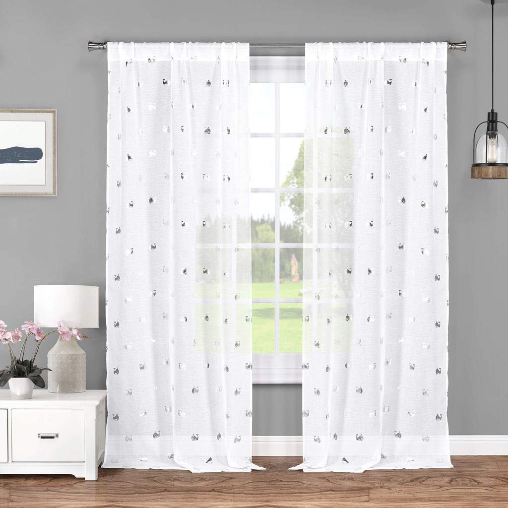 Lala + BashWally Metallic Rod Pocket Window Curtain 2 Panel Drapes, 37 x 84, White/Silver