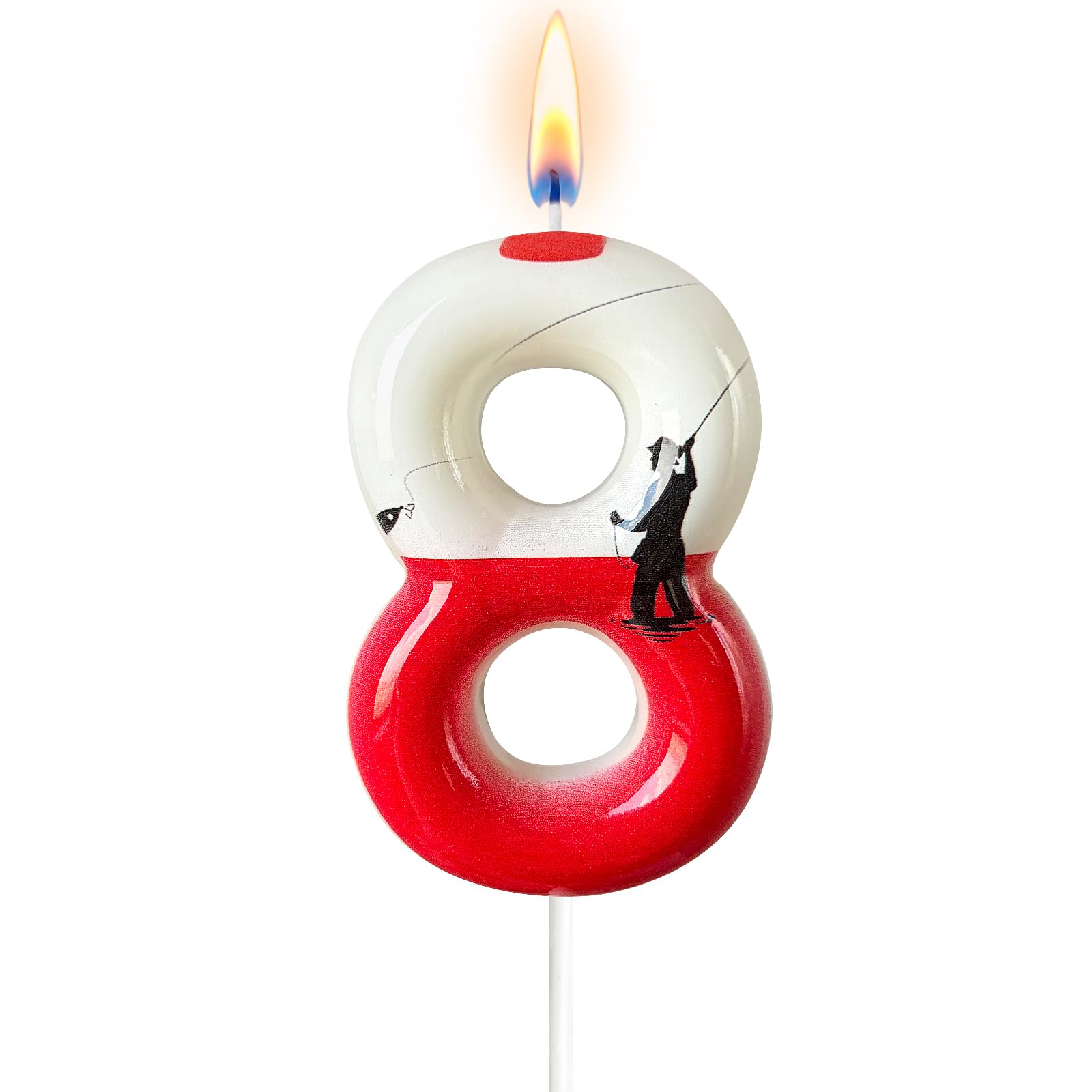 Fishing Birthday Candle Number 8 for Men, Red and White Bobber Cake Topper, Dad Grandpa Cake Decoration