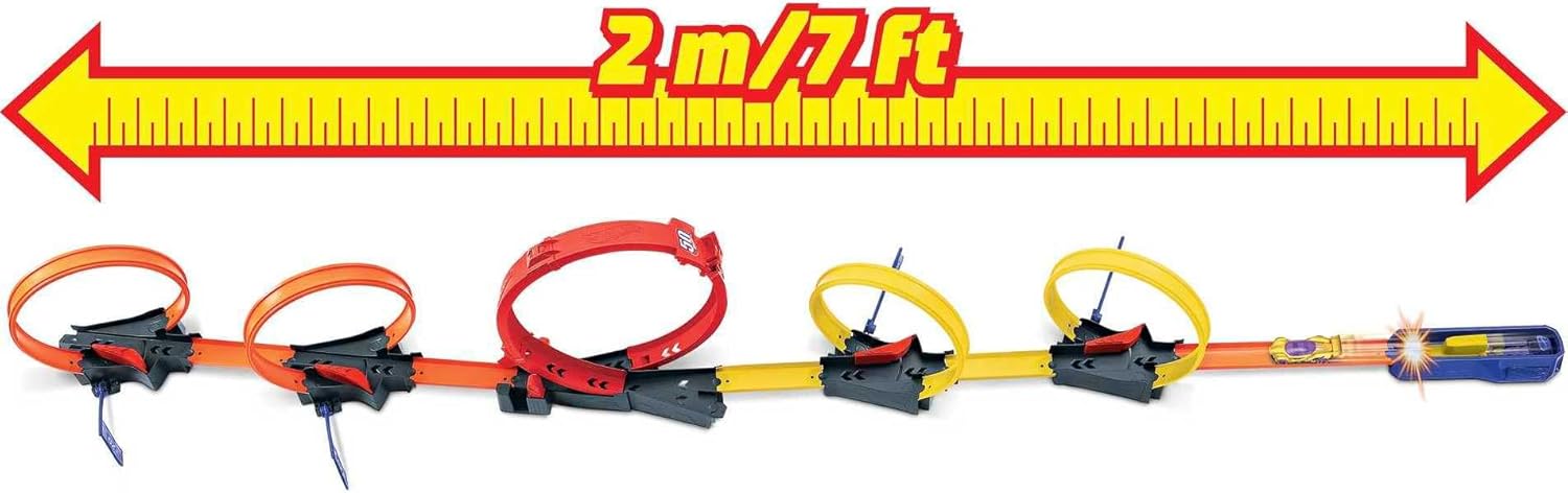 Assembled Hot Wheels track showing its 2 meter (7 feet) length