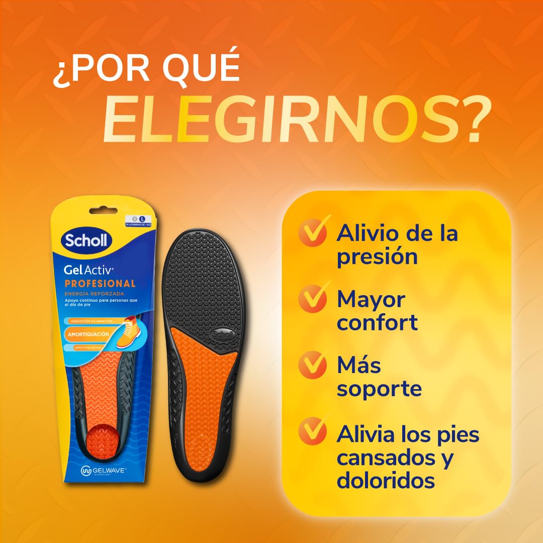 Scholl GelActiv Profesional Plantillas de Gel para Hombre Botas Zapatos Trabajo Comodidad Absorción Impactos Tecnología GelWave Talla 40-46.5