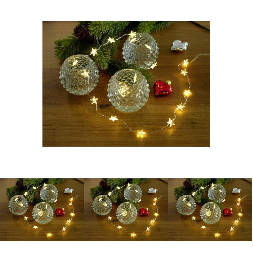 Konstsmide, 3139-103, LED Dekolichterkette, 40 transparente Sterne, mit an/aus Schalter, mit Funkeleffekt, 40 warm weiße Dioden, batteriebetrieben, Innen, silberfarbener Draht, Gold, 40 LEDs