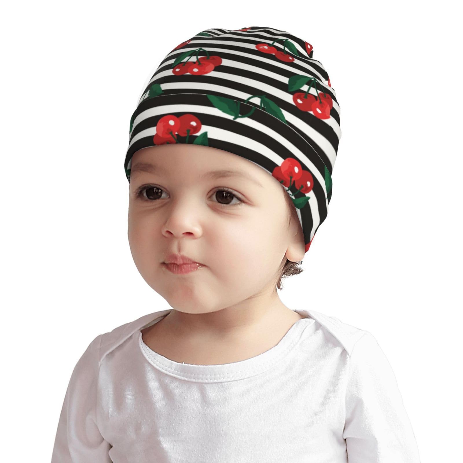 Rqzwdq Stripe Cherry Pattern Kids Beanie Hats Warm Knit Beanie Cap Skull Caps Gifts Decor for Boys Girls