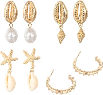 4 Pairs Boho Seashell Conch Earrings Set Gold Plated Charm Starfish Cowrie Shell Pearl Sea Ocean Animal Dangle Drop Earrings for Women Bohemian Hawaiian Summer Beach Holiday Fashion Jewelry Gifts