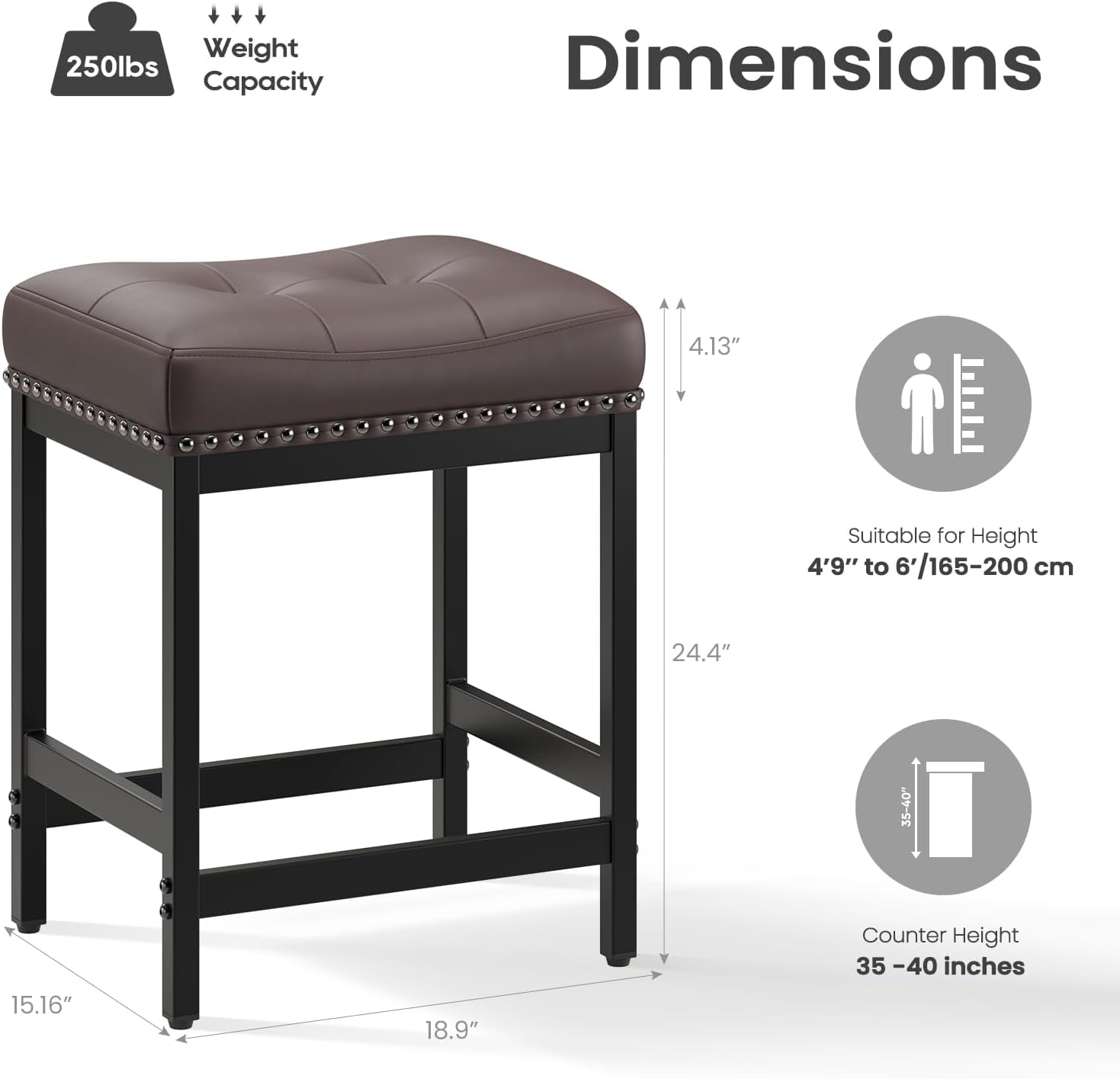 MALOL Set of 2 Saddle Bar Stools Counter Height 24.4”, Brown Backless Barstools for Kitchen Island, Modern PU Leather Cushioned Seat, Bar Chairs for Kitchen Counter, Breakfast Bar Stools for Home